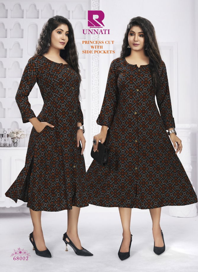 Raashi Unnati Heavy Rayon Printed Fancy Wear Anarakali Kurti Collection
